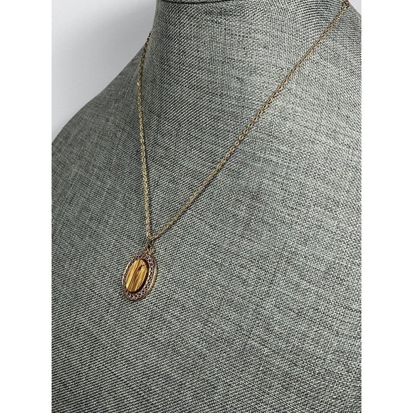 Sarah Coventry Necklace Gold Tone Faux Lucite Tiger Eye Pendant Vintage 70s - Picture 2 of 13